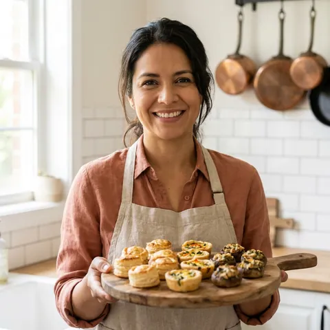 Camila Restrepo mostrando su bandeja de bocaditos gourmet