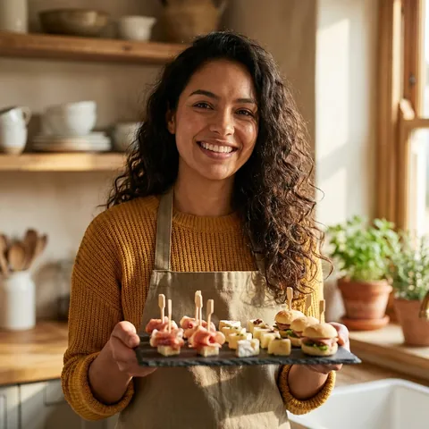Isabella Torres mostrando su bandeja de bocaditos gourmet