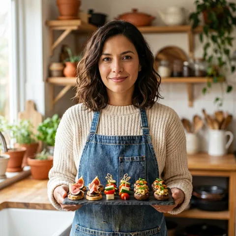 Valentina Rojas mostrando su bandeja de bocaditos gourmet